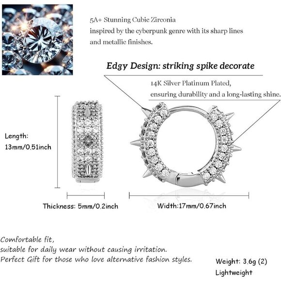 Women Sliver Goth Punk Hoop Earing Cubic Zirconia Spike Cool Vampire Earring - Picture 2 of 6